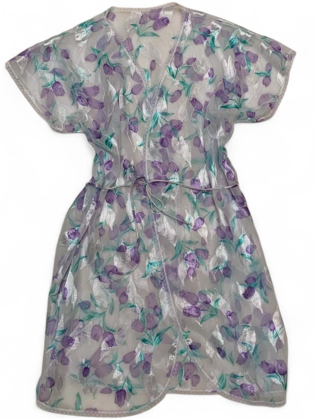 Vintage White Sheer Chiffon with Purple & Teal Floral Patterned Robe Size L